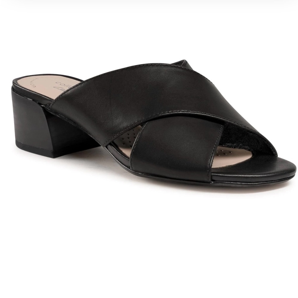 Clarks Black Cross-Strap Mules with Low Block Heel